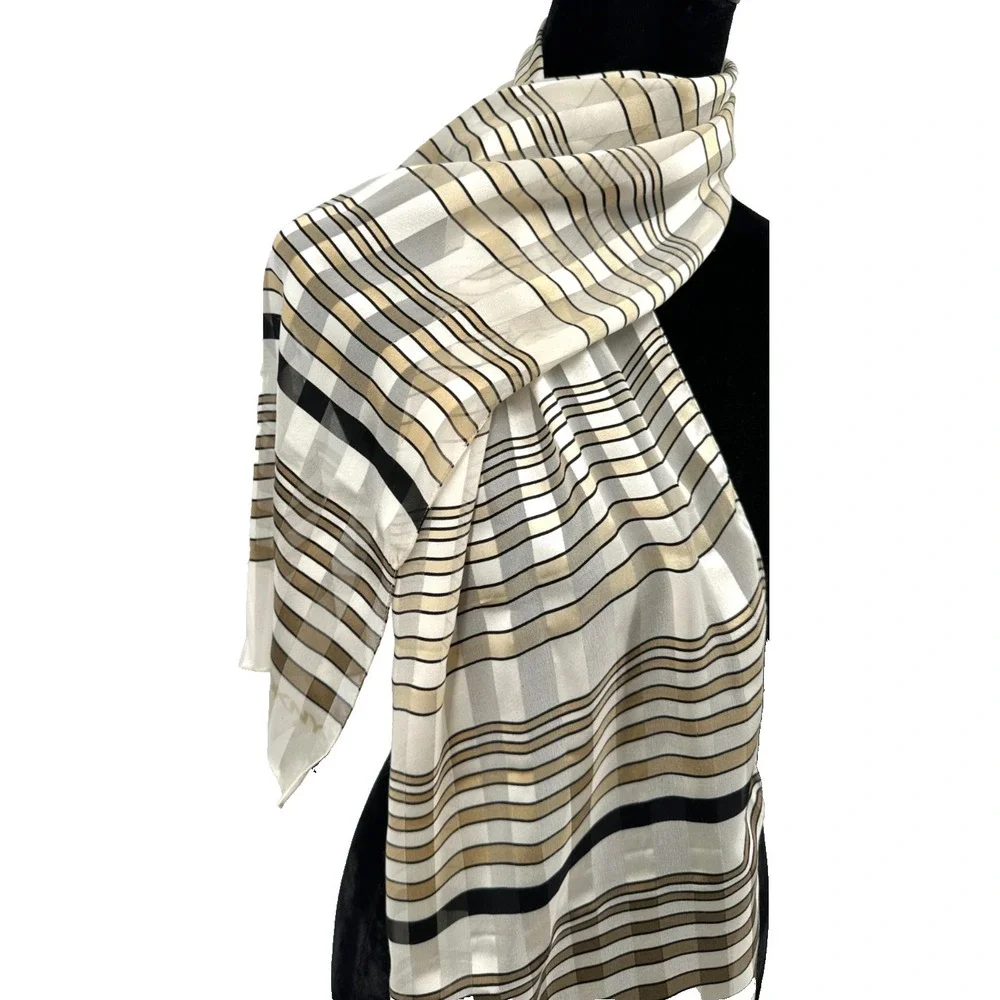 DKNY Womens Cream Tone On Tone Stripe Geometric Rectangular Silk Scarf Italy‎